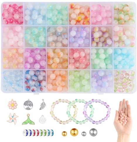 Hainue 725 Piezas Bolas para Pulseras, Cuentas de Cristal, Cuentas de Cristal Coloridas, Perlas Redondas para DIY Joyería, Perlas para Hacer Pulseras, Accesorios para Hacer Pulseras