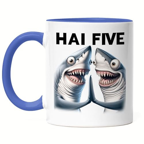 Hey!Print Hai Five Zwei Haie Tasse Blau - Büro Kollegen Spaß
