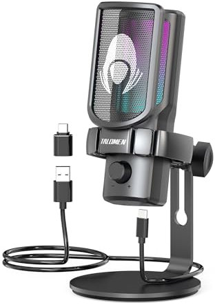 talomen - Microfono USB per PC, riduzione del rumore, microfono a condensatore con luci RGB, Quick Mute, Gain Control, accessorio per gamer per streaming, podcasting, registrazione, computer, PS4, PS5