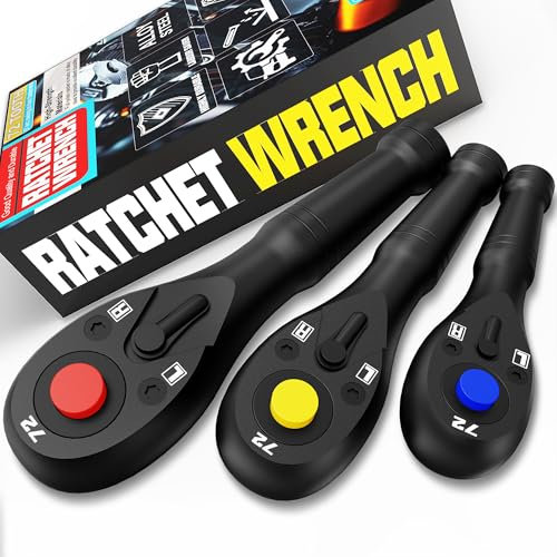 KIRXST 3 Pezzi Cricchetto Reversibile, Chiave a Bussola1/4 3/8 1/2, Impugnatura a Cricchetto Sgancio Rapido a 72 Denti, Adatto per Riparazioni Domestiche e Automobilistiche