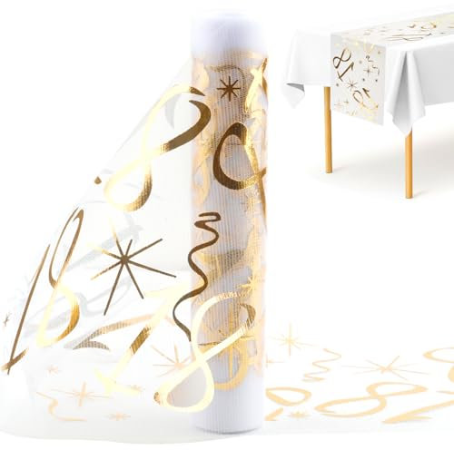Neerow Tischläufer 18 Geburtstag, 28cm x 10m, Polyester, Glänzend Gold, Netzdesign mit Wellenlinien