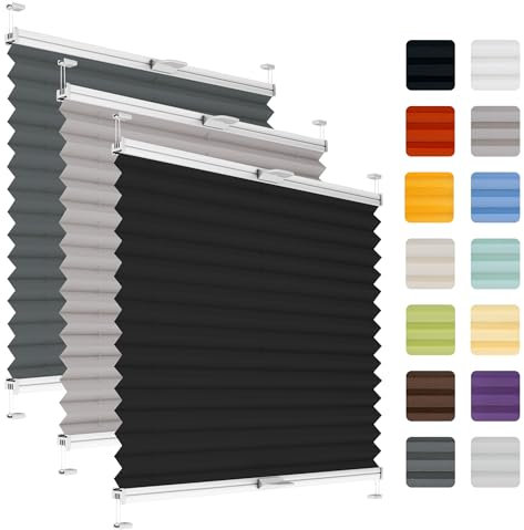 Fenster Plissee ohne Bohren zum Kleben auf Rahmen - Thermo Plisseerollo Innen - Rollo Jalousie, auf den Fensterrahmen, Faltrollo, Sichtschutz, Blickdicht, für Fenster & Tür - Schwarz, 85 x 90 cm