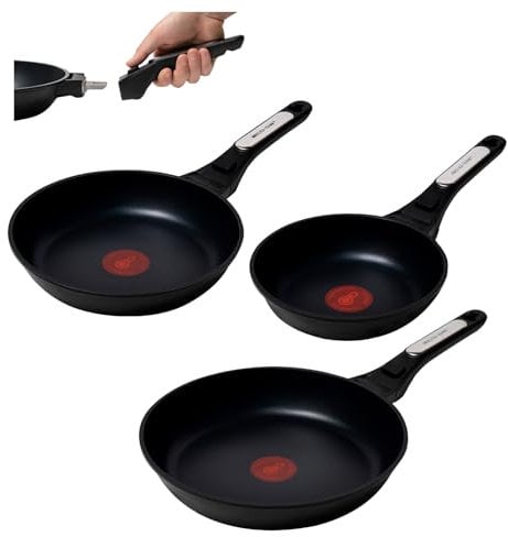 ECODE® Juego de Sartenes Antiadherentes 20/24/28 cm con Mango Extraíble – Cocina Sin Aceite con Indicador de Temperatura – Apta para Todo Tipo de Cocinas