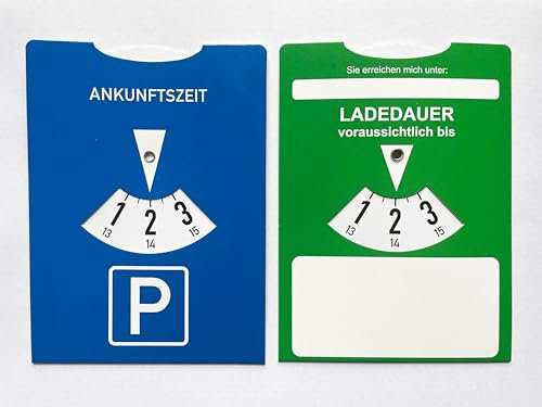 Generisch Parkscheibe und Ladezeitanzeige für E-Fahrzeuge, StVO-konform, mit Kontaktfeld, Blau/Grün, 2-in-1