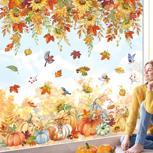 wondever Fenstersticker Herbst Sonnenblume Fenster Aufkleber Harvest Kürbis Hängende Blumen Fensterbilder Fensteraufkleber Anti-Kollision Doppelseitig Glasaufkleber Glas Deko