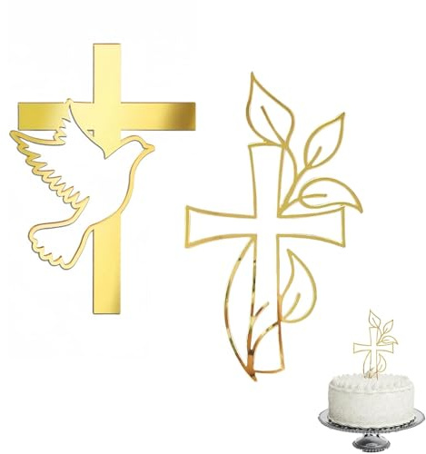 2 Stück Kreuz-Tortenaufsätze, Cupcake Dekorationen für Erstkommunion und Taufe, Acryl-Gold-Tortenaufsatz mit Taube und Blättern, Kuchendekoration für Taufe, Hochzeit (A)