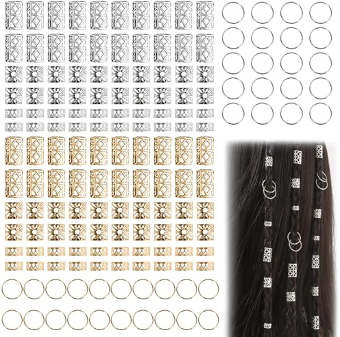 FMPXYYA Dreadlocks Schmuck Set 160 Stück Haarspiralen Clips verstellbare Metall Cuffs Silber Gold für Flechtfrisuren Damen Herren Kinder Party Festival Alltag