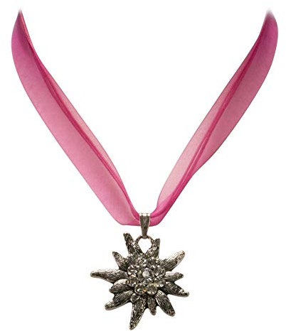 Collar tradicional de cinta de organza con Edelweiss de cristal - collar de organza edelweiss para blusa tradicional y el pantalón de cuero, joyería Dirndl piedra de cristal para Oktoberfestt (fucsia)