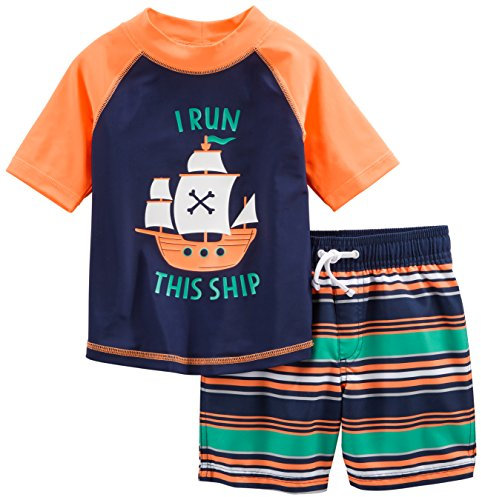 Simple Joys by Carter's Swimsuit Trunk and Rashguard Set Juego de protección de Sarpullido, Azul Marino Naranja Naves/Blanco Rayas, 6-9 Meses para Bebés