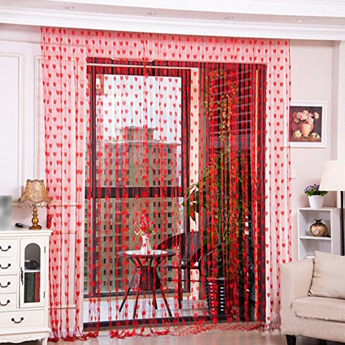 UOOOM 100 * 200 cm Rideau Fils en Forme de Coeur pour Fenêtre Porte Arrière-Plan (Vin Rouge)