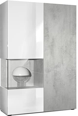 Vladon Vitrine Kommode Hochschrank Morena, Made in Germany, Korpus in Weiß matt/Rechte Tür und der Einsatz in Beton Oxid Optik
