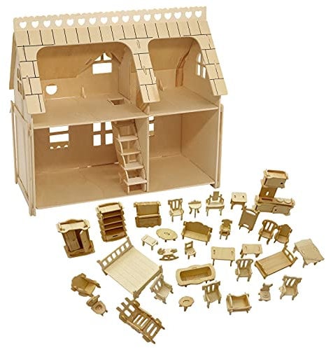 CUTEROOM Maison de poupées en Bois lemogo (Maison séparée) - Kit de Construction Artisanale en Bois avec Meubles (DH003)