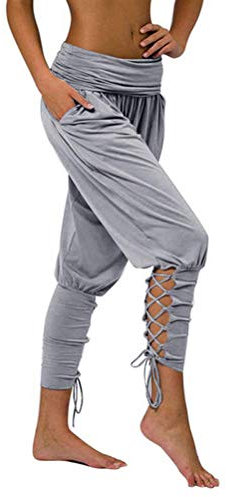 ORANDESIGNE Damen Hosen Lang High Waist Stretch Lose Criss Cross aushöhlen Pumphose Haremshose Sommerhose Yogahose Casual Streetwear Pants Freizeithose mit Taschen A Grau L