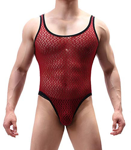 sandbank Underwear T-Shirt for Men Black Long Sleeve Mesh Top Undershirt Men's Sexy Mesh Sheer Tshirt Nightwear Gym Fitess (Wine Red 3, XL)