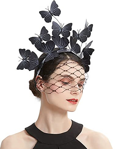 Coucoland Fascinators Hut Schleier Stirnband Schmetterling Fascinator Kopfschmuck für Derby Tea Party (schwarz), L-schwarz, Einheitsgröße