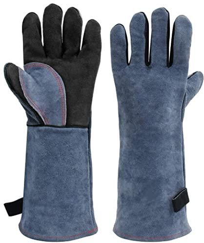HR-International Gants de Soudeur Cuir, Gant de Barbecue 932 °F 42cm pour Grill BBQ Cuisine Four de Cuisson Coin du Feu Cheminée Jardinage