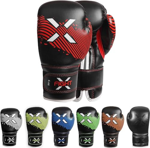 FightX Kids Boxing Gloves Junior 4oz, 6oz Training Boxing Gloves for Girls and Boys Fighter Boxing Gloves MMA PU Leather Sparring Boxing Gloves Set for Children (Red, 4oz)