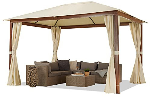 TOOLPORT Garden gazebo 3x4 m wood finish, roof approx. 220 g/m² polyester 4 side panels in champagne