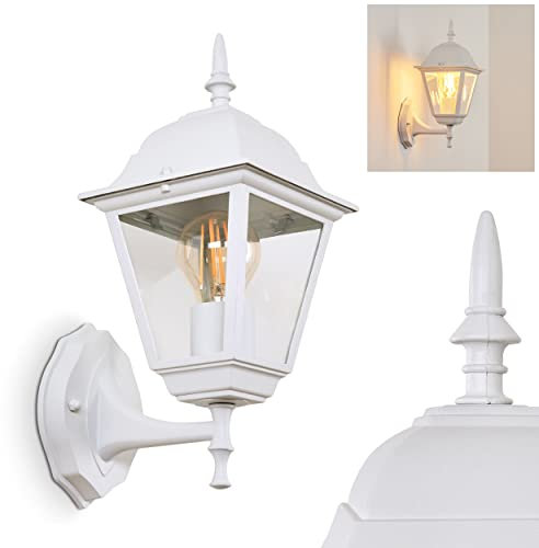 HOFSTEIN Außenwandleuchte Naofe aufwärts, klassische Wandlampe aus Metall/Glas in Weiß, 1-flammige Außenleuchte mit Echtglasscheiben für Eingangsbereich/Hof/Terrasse, 1 x E27, IP44, ohne Leuchtmittel