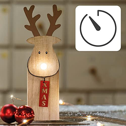 Hellum LED Holz-Rentier mit leuchtender Nase, ca. 25,3cm hoch, 1 LED, warmweiß, batteriebetrieben (2x AAA, nicht enthalten), innen IP20, Winterdecoration, Dekoration, Weihnachtsdekoration, 524666