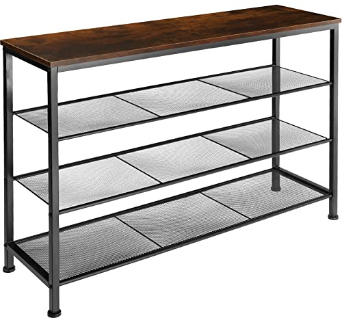 tectake 800952 Schuhregal schmal mit Ablagefläche, Schuhbank aus Holz Metall, Industrie-Design, 4 Ebenen mit 3 Gitterablagen, 100 x 30,5 x 72,5 cm, schwarzes Metallgestell (Dunkelbraun | Nr. 404287)