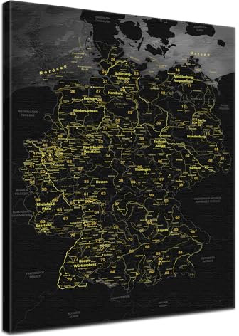 LANA KK - Premium Pinnwand Deutschlandkarte - Noir - Deutsch - in 40 x 60 cm, stabile Rückwand zum Pinnen inkl. Starterkit - Leinwand-Kunstdruck Wandbild Landkarte XXL