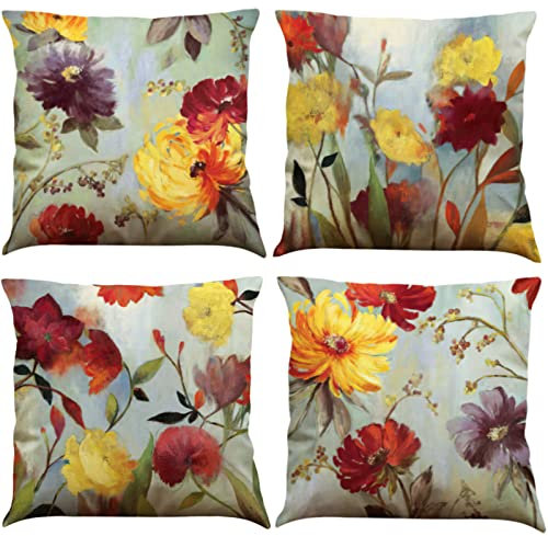 BINXWA 4 Stück Kissenbezug 45x45,Blumen Thema Deko Kissenbezug Baumwolle Leinen Kissenhülle Sofa Kissenbezug Outdoor Garten deko