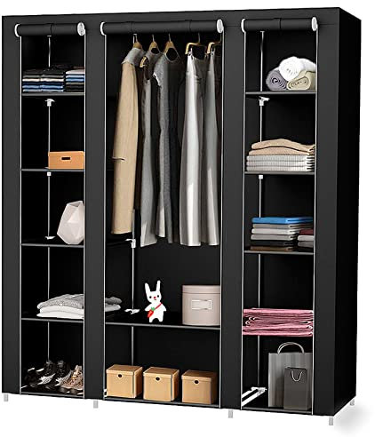HUOLE Armadio Guardaroba Con Barre Porta Abiti,Organizzatore Armadio Interno Portascarpe Mobiletto Bagno Ingresso, Armadio in Tessuto Armadio Pieghevole Guardaroba in Tessuto,175 * 150 * 45cm, Nero
