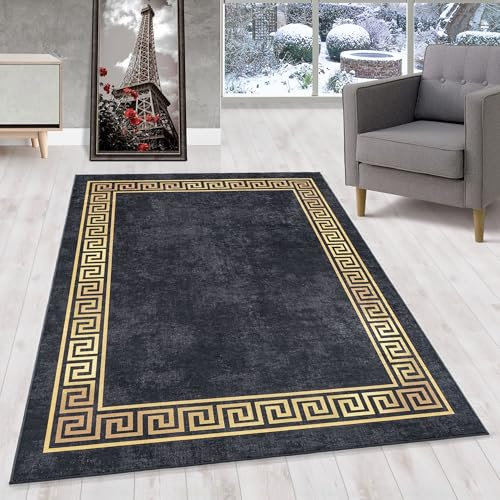 Homebyhome Kurzflor Teppich Läufer Flur 80x250 cm Schwarz, Vintage & Klassisches Design - Orientteppich Bordüre, Rutschfest, Waschbar & Weich - Ideal für Schlafzimmer als Bettvorleger und Küchenläufer