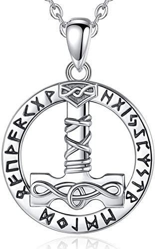 925 Silber Anhänger Mjölnir Thors Hammer im Runenkreis mit Edelstahl Kette und Schmuckbeutel I Mythologie Wikinger