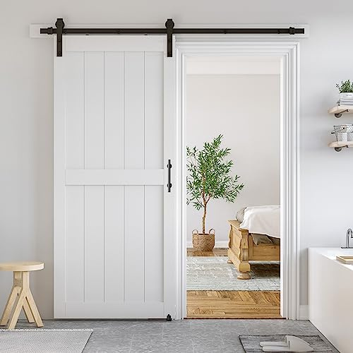 SmartStandard Porta scorrevole bianca in MDF da 91,4 x 213,4 cm, con kit hardware e maniglia per porta scorrevole nera, pre-forata, pronta da montare, rivestimento in PVC impermeabile, telaio ad H