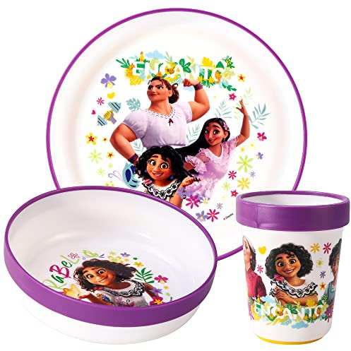 Encanto - Juego de 3 vajillas reutilizables bicolor para niños, platos y vasos, sin BPA