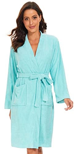vislivin Leichter Bademantel Damen Frottee Bademantel Sauna Morgenmantel Knielanger Saunamantel Bathrobe Damen Blau XL
