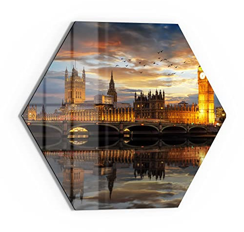 DEQORI Glasbild Echtglas | Motiv Londoner Abendkulisse | sechseckig einteilig 55x47,6 cm | schöne Dekoration | Wandbild für Wohnzimmer, Schlafzimmer, Flur & Küche | moderne Wanddeko