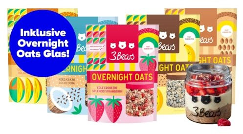 3Bears Overnight Oats Lover-Set inkl. Glas, 5x400g vegane Porridgemischung mit Vollkorn-Haferflocken, Sorten Erdbeere, Mango, Koko Kakao, Eiskaffee und Bananen Split, vegan, ohne Zusatzstoffe