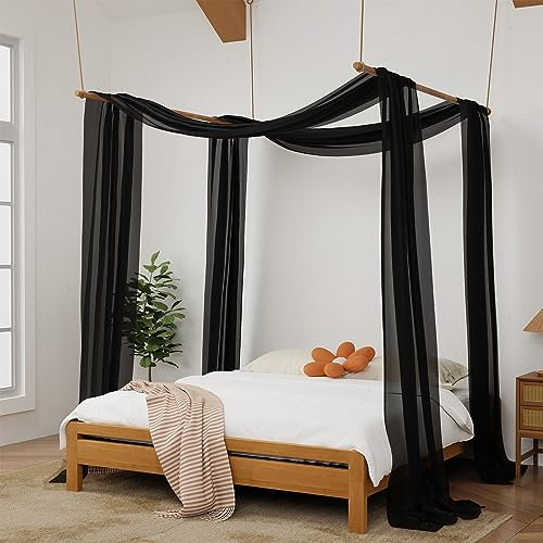 Hptmus Betthimmel-Vorhänge – 2 Paneele Baldachin-Vorhänge in 132 x 65 cm – schwarzer transparenter Schal, Luxus-Bettvorhänge für King-Size-Betten – Erwachsenen- und Mädchenzimmer-Dekor