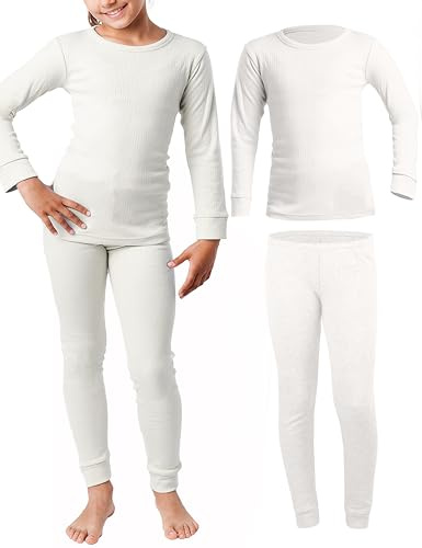 OCERA Winter Thermowäsche-Set für Kinder, aus Baumwolle für Schnee, Ski, Snowboard, Schlitten Wandern oder zuhause, warme angeraute Innenseite, Creme 146-152