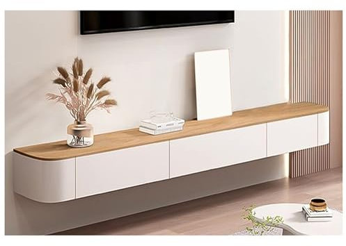 Meuble TV en Bois, Console TV Blanche avec Tiroirs, Étagère Flottante pour Salon, Table TV pour Centre De Divertissement avec Rangement, Support TV Long À Montage Mural (Color : Natural, S : 160cm)