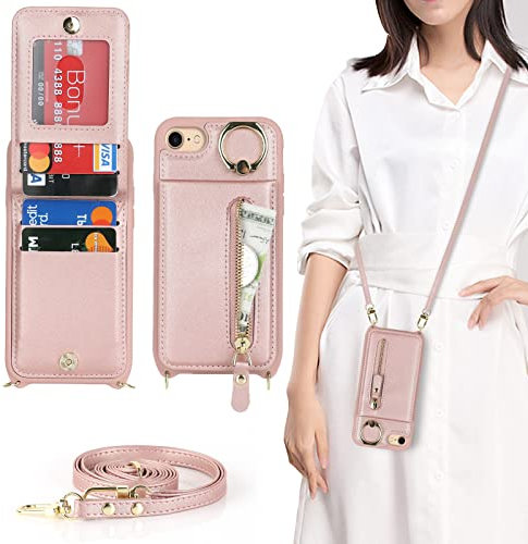 CAVOR Handykette iPhone 7/8/SE 2020/SE 2022 Hülle Mit Band,Flip Leder Geldborse Handyhülle,[4 Kartenfach][Mit Ring Stander],Klapphülle Handyhülle mit Umhängeband - Rose Gold