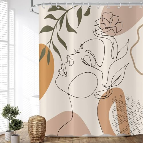 ASDCXZ Boho Duschvorhang 240x180 cm (BxL), Modern Abstrakt Kunst Mädchen mit Gesicht Blume Grün Blätter Waschbar Duschvorhänge Polyester Textil Wasserdicht Duschvorhang für Badewanne mit 12 Haken