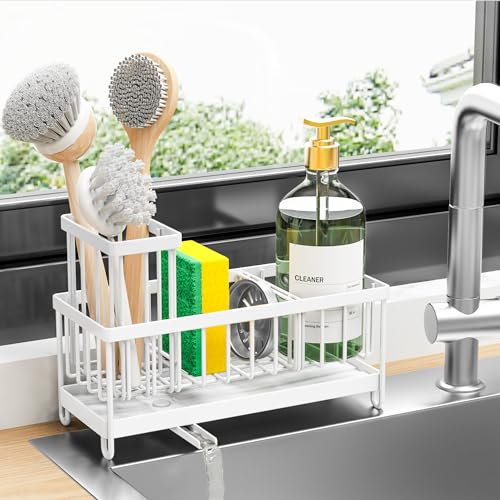 Cisily Porte-éponge pour évier de Cuisine, Panier d'évier avec Porte-Brosse Haut, Organiseur de Vaisselle en Acier Inoxydable 304, séparateur de Rangement pour Distributeur de Savon (Blanc)