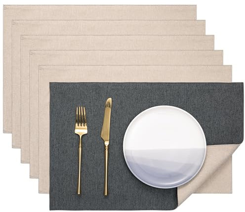 Banchif Platzsets Leinenimitat Tischsets Abwaschbar Tischsets Doppelseitigen Platzsets Stoff Platzdecken maschinenwaschbar 30 x 45 cm (Grau-Beige, Rechteckig Satz von 6)