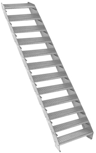 Scala in metallo a 12 livelli regolabile in altezza 60 cm di larghezza Acciaio zincato argento 12 gradini regolabili Griglia resistente alle intemperie Spessore asta 5 mm Kit di fissaggio GRATUITO