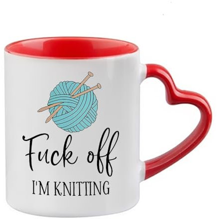 F*ck Off I'm Knitting, Gift for Knitters, Knitting Mug, 11oz Heart Handle Ceramic Mug. (Red)