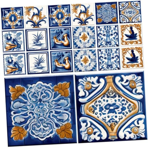 AOKWAWALIY Lot de 20 autocollants muraux marocains - Papier peint marocain - Crédence adhésive - Peinture murale marocaine - Pour carrelage de cuisine et salle de bain - Papier peint marocain -