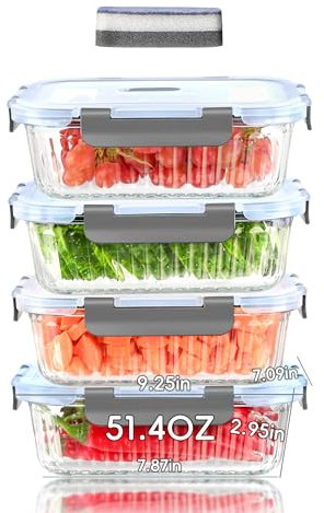 ERUIV 4 Recipientes de Cristal de 1520 ml con Tapa Recipientes de vidrio con tapas almacenamiento de alimentos con tapas de cierre a presión de por vida, horno, congelador y lavavajillas