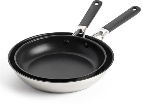 KitchenAid Classic Stainless Steel PFAS-freie Bratpfanne aus Keramik mit Antihaftbeschichtung, 2-teilig, 24 cm und 28 cm, Plattiert, Induktion, Stay-Cool-Griff, Backofenfest bis 160°C, Silberer