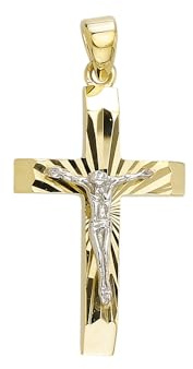 JC Trauringe Gold Anhänger Kreuz mit Jesus Korpus in Echt 585 Gold klassische, schlichte religiöse Goldkreuze Goldanhänger Goldschmuck Unisex Schmuck Kettenanhänger in Bicolor inkl. Schmucketui 8578