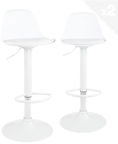KAYELLES Lot de 2 tabourets de Bar Blanc Design Coussin Simili Cuir rembourré, Repose Pied, réglable en Hauteur et pivotant 360° SIG (Blanc intégral)