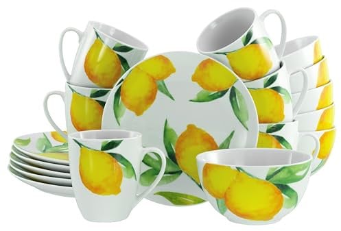 CreaTable, 21852, Serie Luna Limoncello, 18-teiliges Geschirrset, Kaffeeservice aus Porzellan, spülmaschinen- und mikrowellengeeignet, Qualitätsproduktion